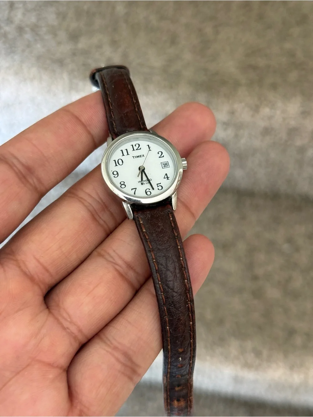 Timex women’s Silver Case White Dial Watch with Brown Leather Strap